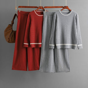 Knitted crew neck long - sleeved sweater set + casual pants two - piece set - Negative Apparel
