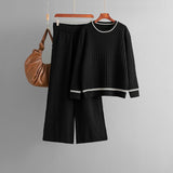 Knitted crew neck long - sleeved sweater set + casual pants two - piece set - Negative Apparel