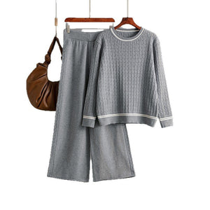 Knitted crew neck long - sleeved sweater set + casual pants two - piece set - Negative Apparel