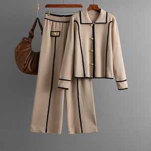 Knitted fashion suit women's casual Polo collar sweater wide - leg pants two - piece set - Negative Apparel