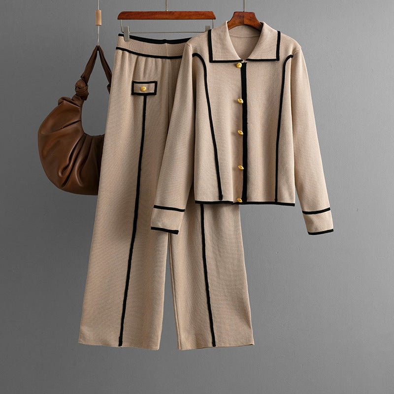 Knitted fashion suit women's casual Polo collar sweater wide - leg pants two - piece set - Negative Apparel