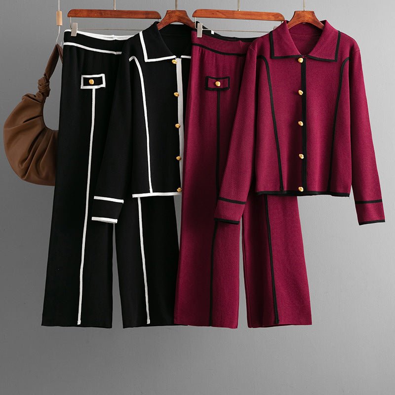 Knitted fashion suit women's casual Polo collar sweater wide - leg pants two - piece set - Negative Apparel