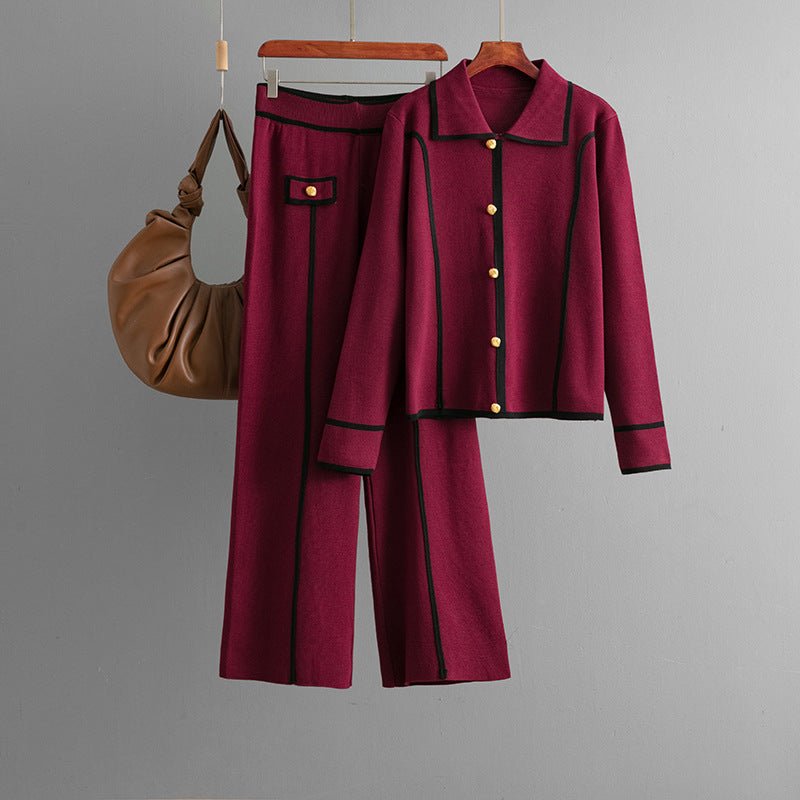 Knitted fashion suit women's casual Polo collar sweater wide - leg pants two - piece set - Negative Apparel