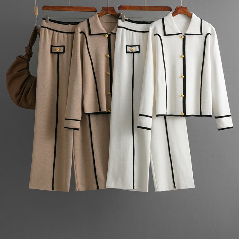 Knitted fashion suit women's casual Polo collar sweater wide - leg pants two - piece set - Negative Apparel