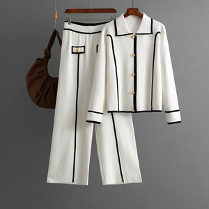 Knitted fashion suit women's casual Polo collar sweater wide - leg pants two - piece set - Negative Apparel