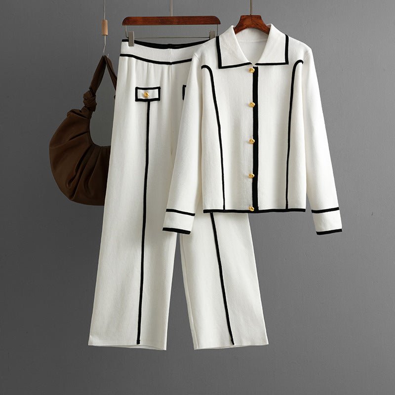 Knitted fashion suit women's casual Polo collar sweater wide - leg pants two - piece set - Negative Apparel