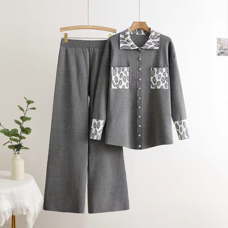 Knitted lapel cardigan leopard print color matching loose wide - leg pants two - piece set - Negative Apparel