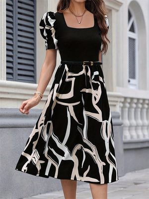 Knitted printed elastic square neck slim short sleeve puff sleeve dress - Negative Apparel