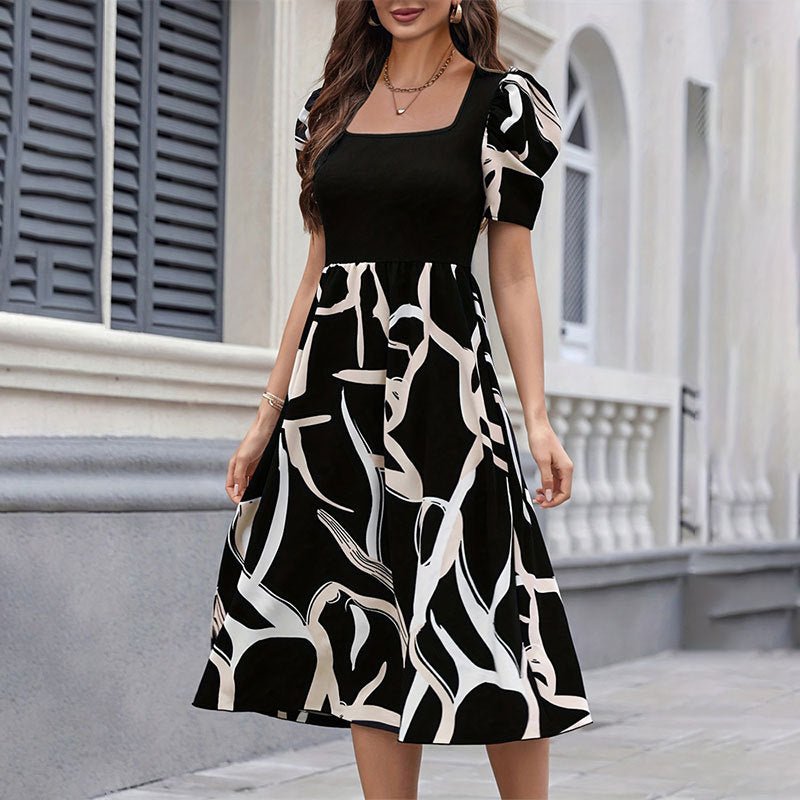 Knitted printed elastic square neck slim short sleeve puff sleeve dress - Negative Apparel