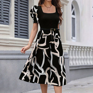 Knitted printed elastic square neck slim short sleeve puff sleeve dress - Negative Apparel