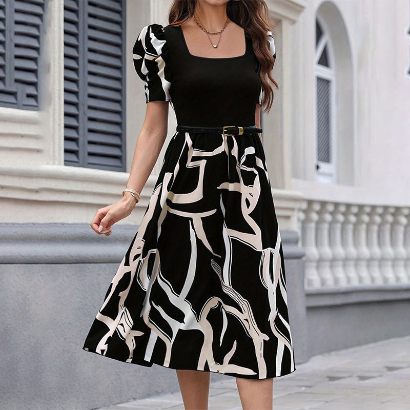 Knitted printed elastic square neck slim short sleeve puff sleeve dress - Negative Apparel