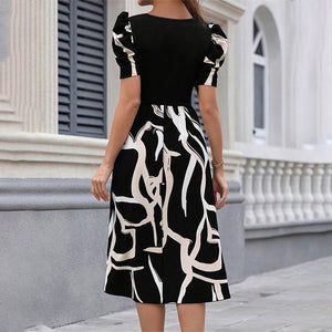 Knitted printed elastic square neck slim short sleeve puff sleeve dress - Negative Apparel