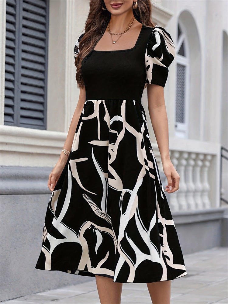 Knitted printed elastic square neck slim short sleeve puff sleeve dress - Negative Apparel