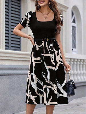 Knitted printed elastic square neck slim short sleeve puff sleeve dress - Negative Apparel