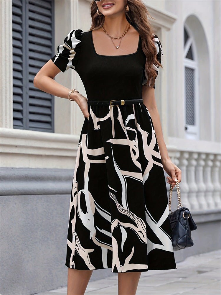 Knitted printed elastic square neck slim short sleeve puff sleeve dress - Negative Apparel