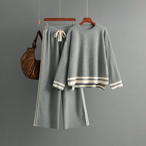 Knitted round neck loose pullover sweater + wide - leg pants two - piece set - Negative Apparel