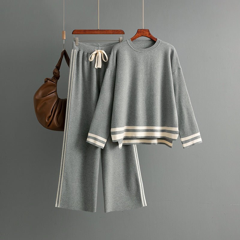 Knitted round neck loose pullover sweater + wide - leg pants two - piece set - Negative Apparel