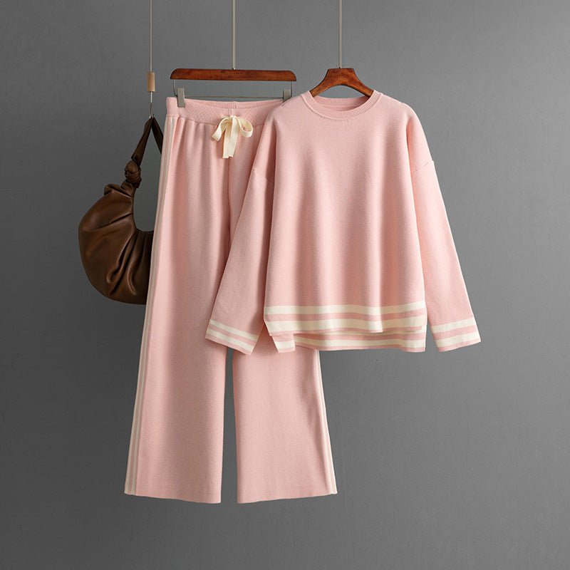 Knitted round neck loose pullover sweater + wide - leg pants two - piece set - Negative Apparel