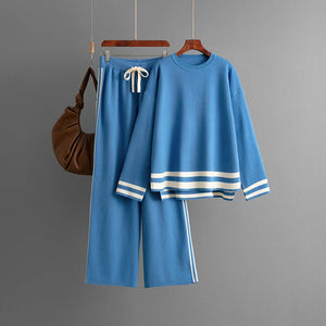 Knitted round neck loose pullover sweater + wide - leg pants two - piece set - Negative Apparel