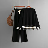 Knitted round neck loose pullover sweater + wide - leg pants two - piece set - Negative Apparel