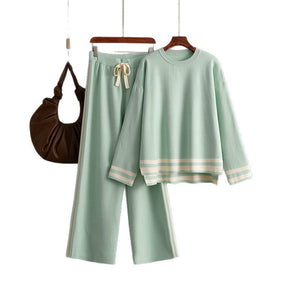 Knitted round neck loose pullover sweater + wide - leg pants two - piece set - Negative Apparel