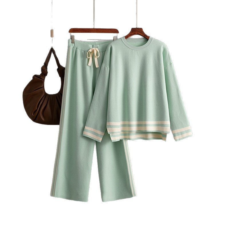 Knitted round neck loose pullover sweater + wide - leg pants two - piece set - Negative Apparel