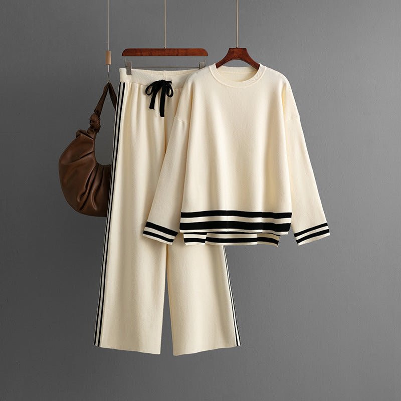 Knitted round neck loose pullover sweater + wide - leg pants two - piece set - Negative Apparel