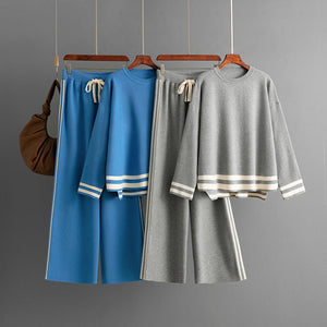 Knitted round neck loose pullover sweater + wide - leg pants two - piece set - Negative Apparel