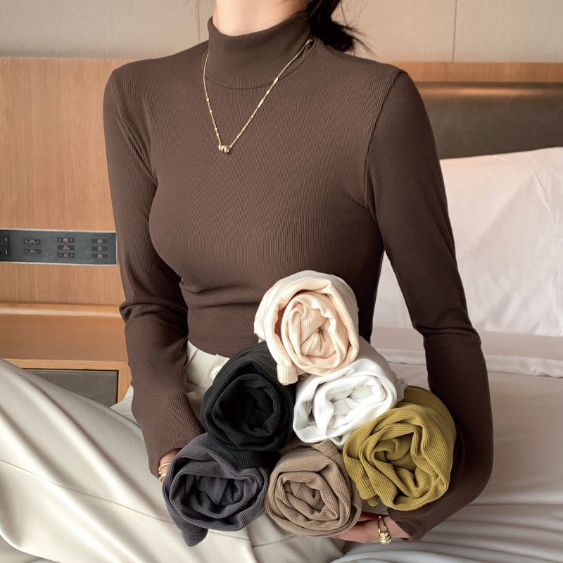 Knitted semi - turtleneck bottoming shirt women's new autumn and winter inner black and white autumn clothes foreign style mid - neck pullover long sleeves - Negative Apparel