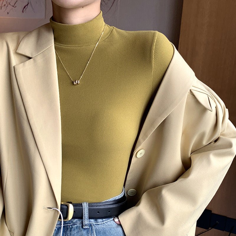 Knitted semi - turtleneck bottoming shirt women's new autumn and winter inner black and white autumn clothes foreign style mid - neck pullover long sleeves - Negative Apparel
