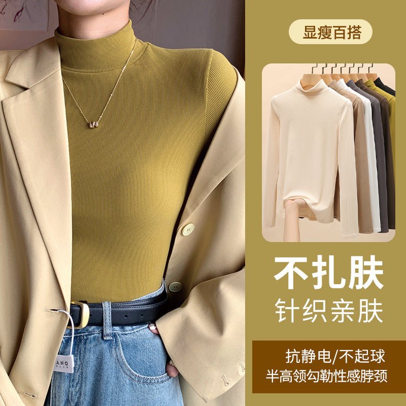 Knitted semi - turtleneck bottoming shirt women's new autumn and winter inner black and white autumn clothes foreign style mid - neck pullover long sleeves - Negative Apparel