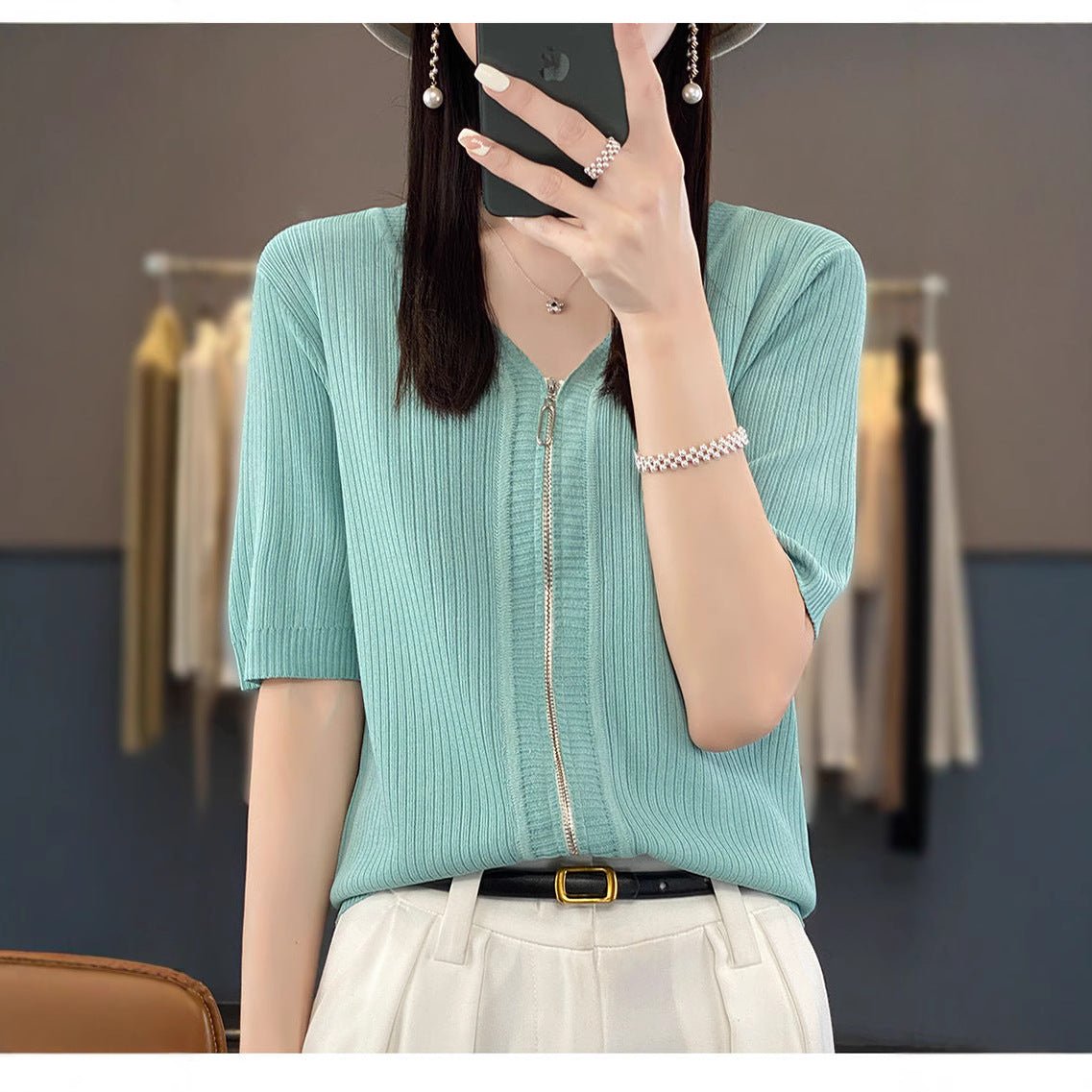 Knitted short - sleeved t-shirt women's summer ice silk zipper cardigan top low - necked loose and thin V - neck zipper jacket women's trend - Negative Apparel