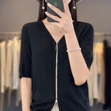 Knitted short - sleeved t-shirt women's summer ice silk zipper cardigan top low - necked loose and thin V - neck zipper jacket women's trend - Negative Apparel