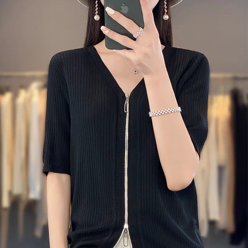 Knitted short - sleeved t-shirt women's summer ice silk zipper cardigan top low - necked loose and thin V - neck zipper jacket women's trend - Negative Apparel