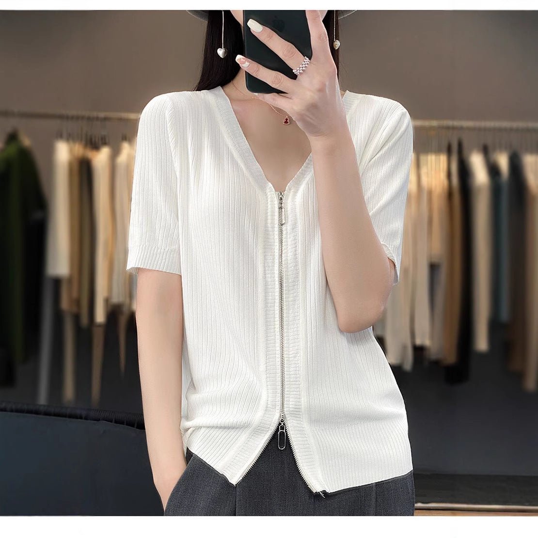 Knitted short - sleeved t-shirt women's summer ice silk zipper cardigan top low - necked loose and thin V - neck zipper jacket women's trend - Negative Apparel