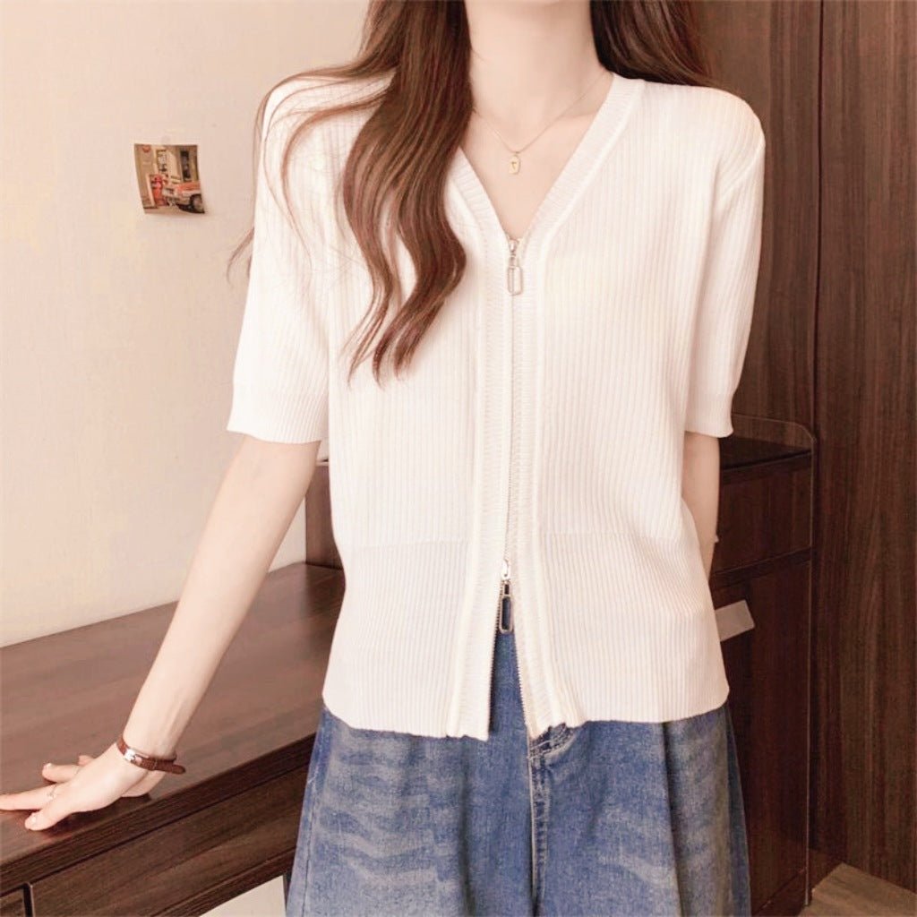 Knitted short - sleeved t-shirt women's summer ice silk zipper cardigan top low - necked loose and thin V - neck zipper jacket women's trend - Negative Apparel