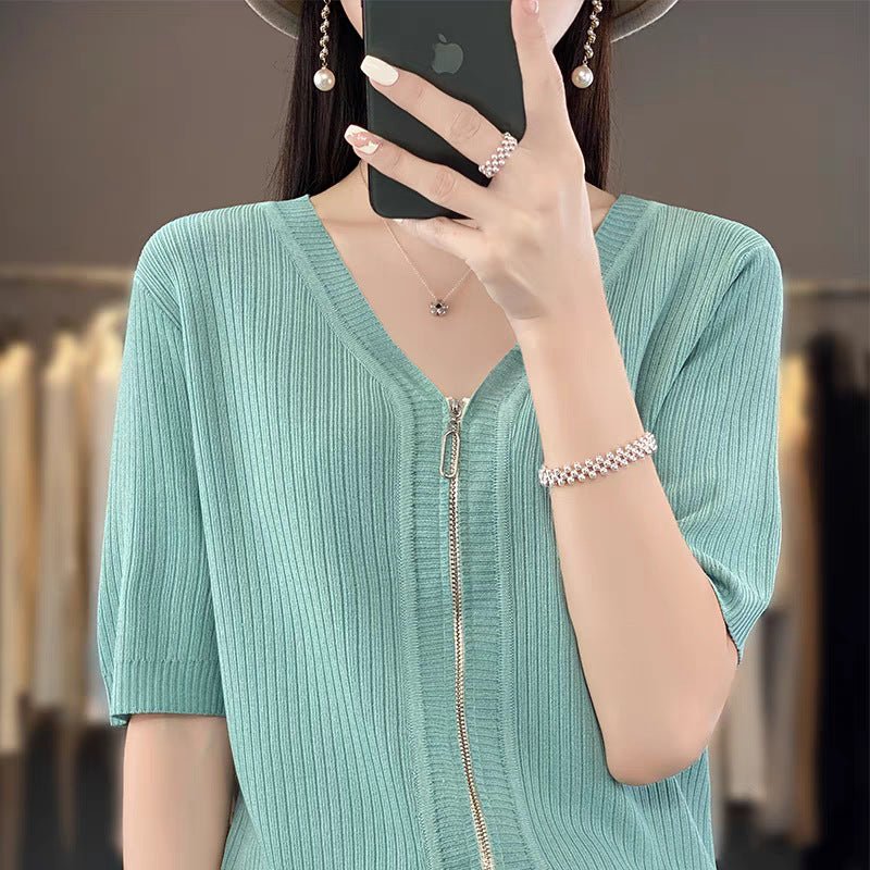 Knitted short - sleeved t-shirt women's summer ice silk zipper cardigan top low - necked loose and thin V - neck zipper jacket women's trend - Negative Apparel