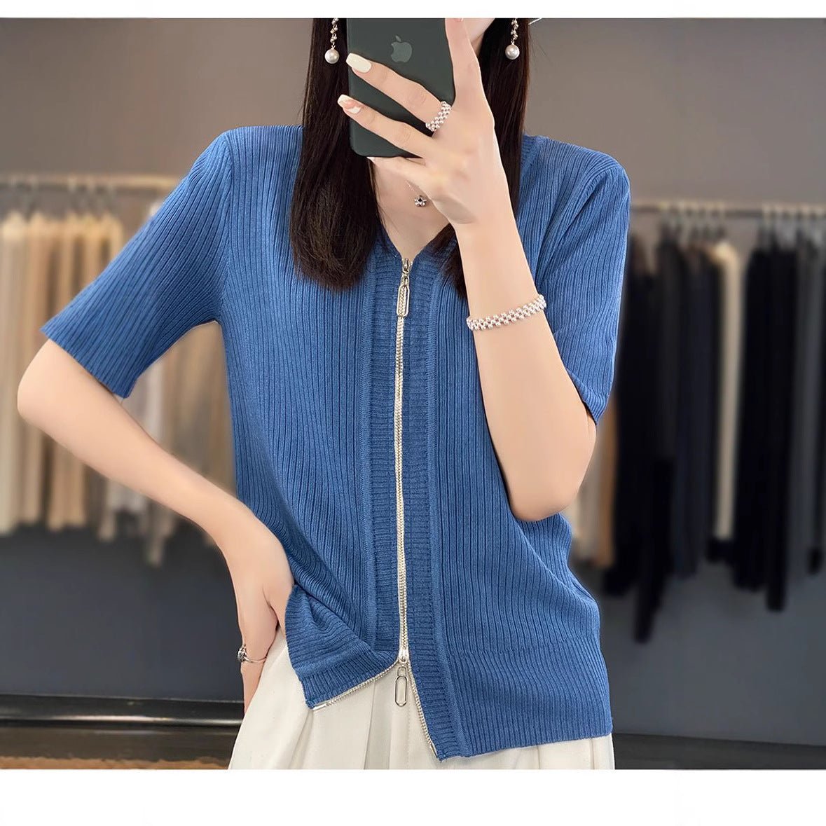 Knitted short - sleeved t-shirt women's summer ice silk zipper cardigan top low - necked loose and thin V - neck zipper jacket women's trend - Negative Apparel