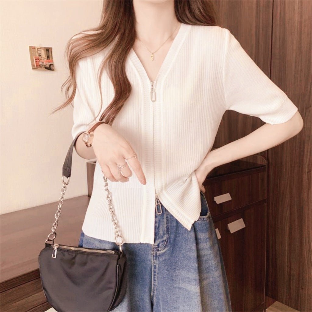 Knitted short - sleeved t-shirt women's summer ice silk zipper cardigan top low - necked loose and thin V - neck zipper jacket women's trend - Negative Apparel