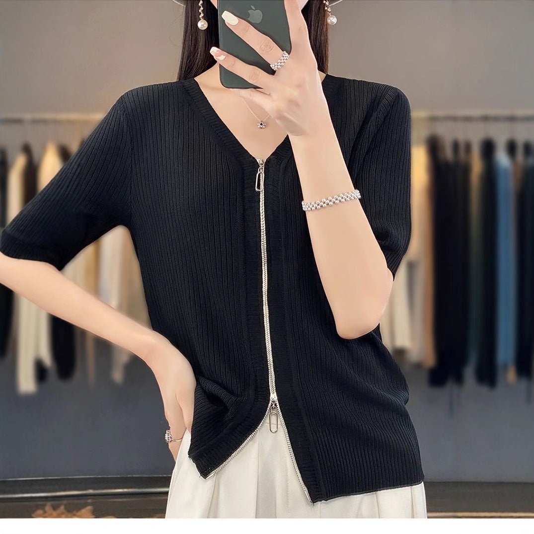 Knitted short - sleeved t-shirt women's summer ice silk zipper cardigan top low - necked loose and thin V - neck zipper jacket women's trend - Negative Apparel
