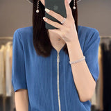 Knitted short - sleeved t-shirt women's summer ice silk zipper cardigan top low - necked loose and thin V - neck zipper jacket women's trend - Negative Apparel