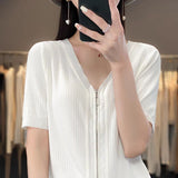 Knitted short - sleeved t-shirt women's summer ice silk zipper cardigan top low - necked loose and thin V - neck zipper jacket women's trend - Negative Apparel