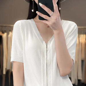 Knitted short - sleeved t-shirt women's summer ice silk zipper cardigan top low - necked loose and thin V - neck zipper jacket women's trend - Negative Apparel