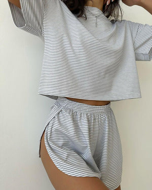 Knitted striped pajamas loose short - sleeved shorts suit - Negative Apparel