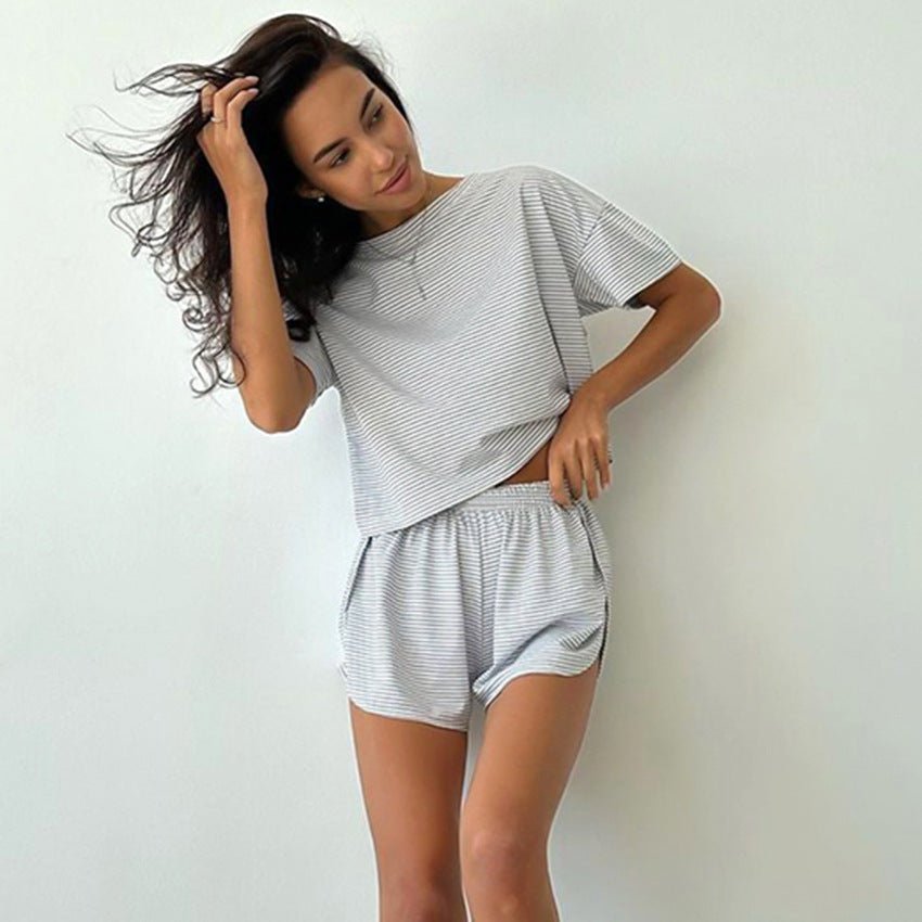 Knitted striped pajamas loose short - sleeved shorts suit - Negative Apparel