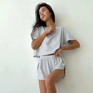 Knitted striped pajamas loose short - sleeved shorts suit - Negative Apparel