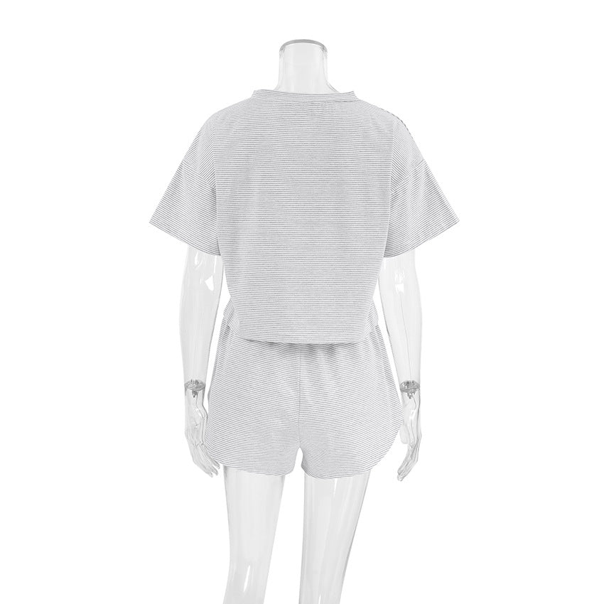 Knitted striped pajamas loose short - sleeved shorts suit - Negative Apparel