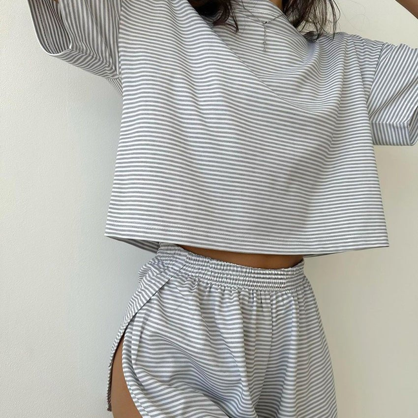 Knitted striped pajamas loose short - sleeved shorts suit - Negative Apparel