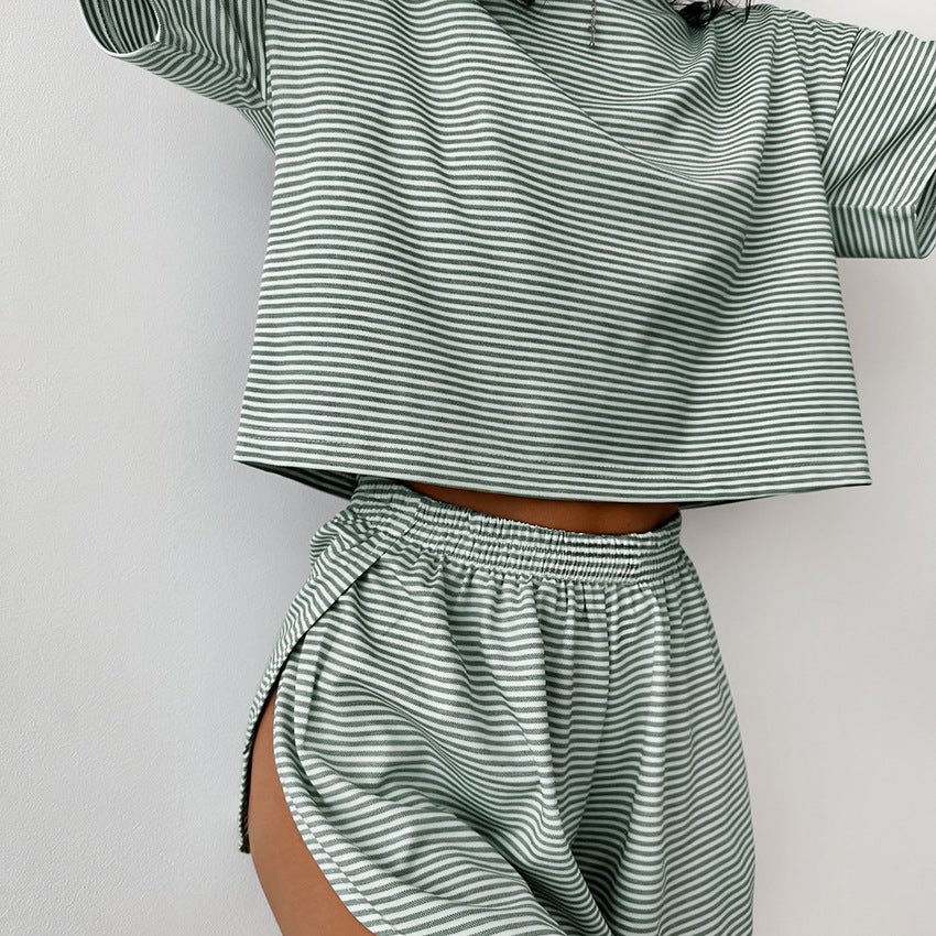 Knitted striped pajamas loose short - sleeved shorts suit - Negative Apparel