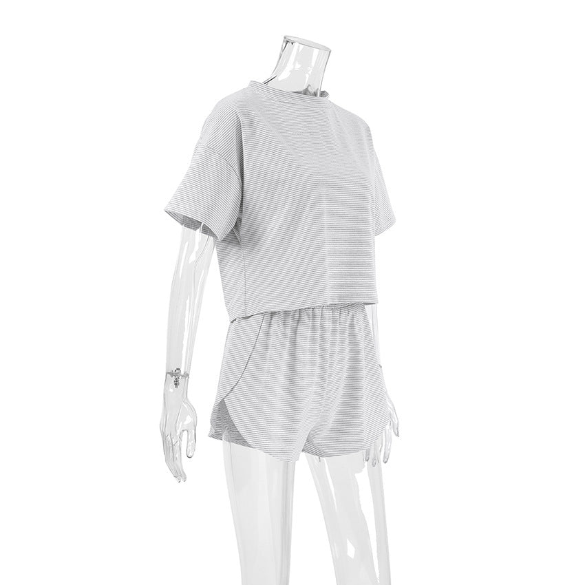 Knitted striped pajamas loose short - sleeved shorts suit - Negative Apparel